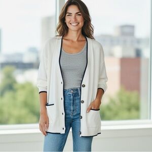 Cyrus Ivory Cardigan with Dark Trim Sz L
